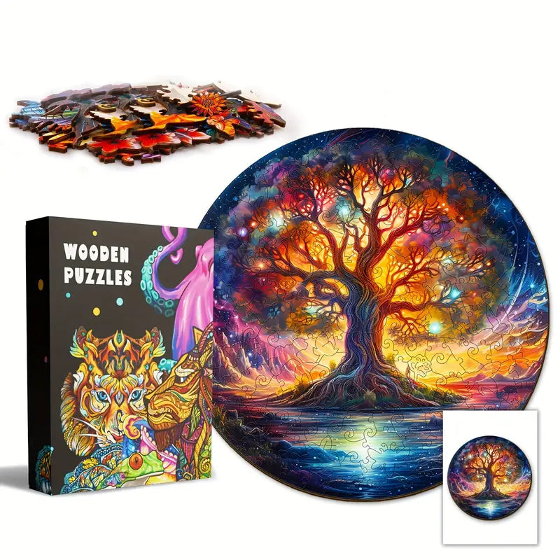 Round Wooden Puzzles - Starry Night Tree Of Life