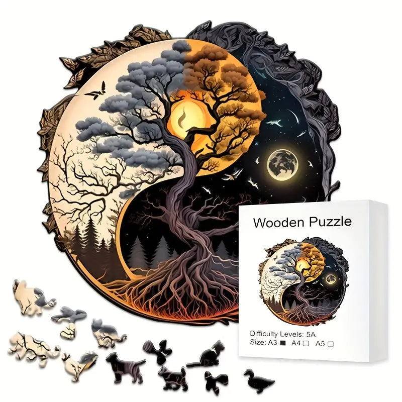 Round Wooden Puzzles - Tree Of Life, Yin Yang Sun and Moon