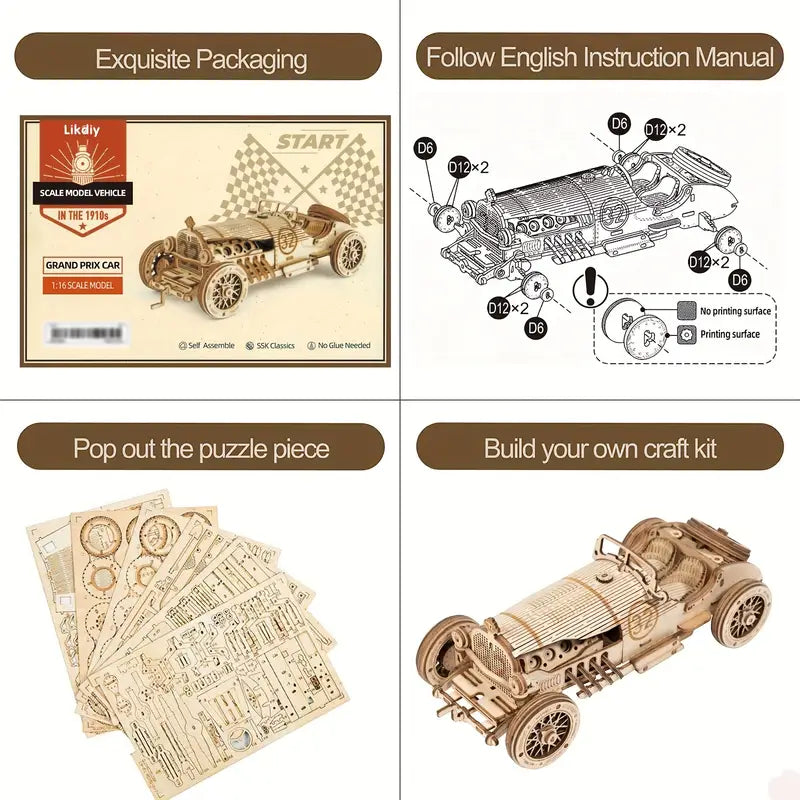 3D Wooden Model Kit - Classic 1910's Grand Prix Race Car