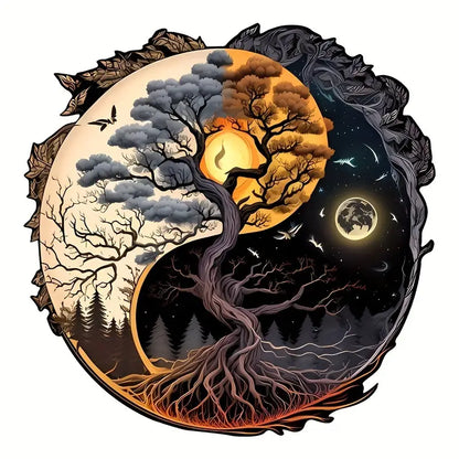 Round Wooden Puzzles - Tree Of Life, Yin Yang Sun and Moon