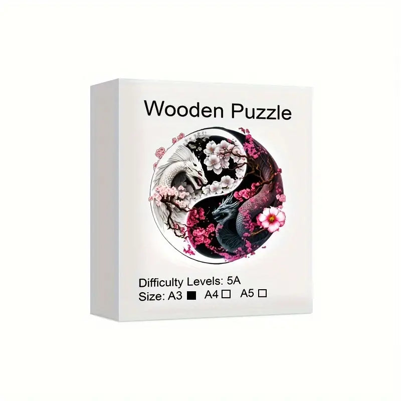 Round Wooden Puzzles - Yin and Yang Black and White Dragons