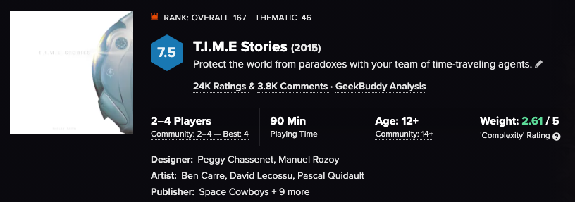 T.I.M.E. Stories rating from BoardGameGeek: https://boardgamegeek.com/boardgame/146508/time-stories
